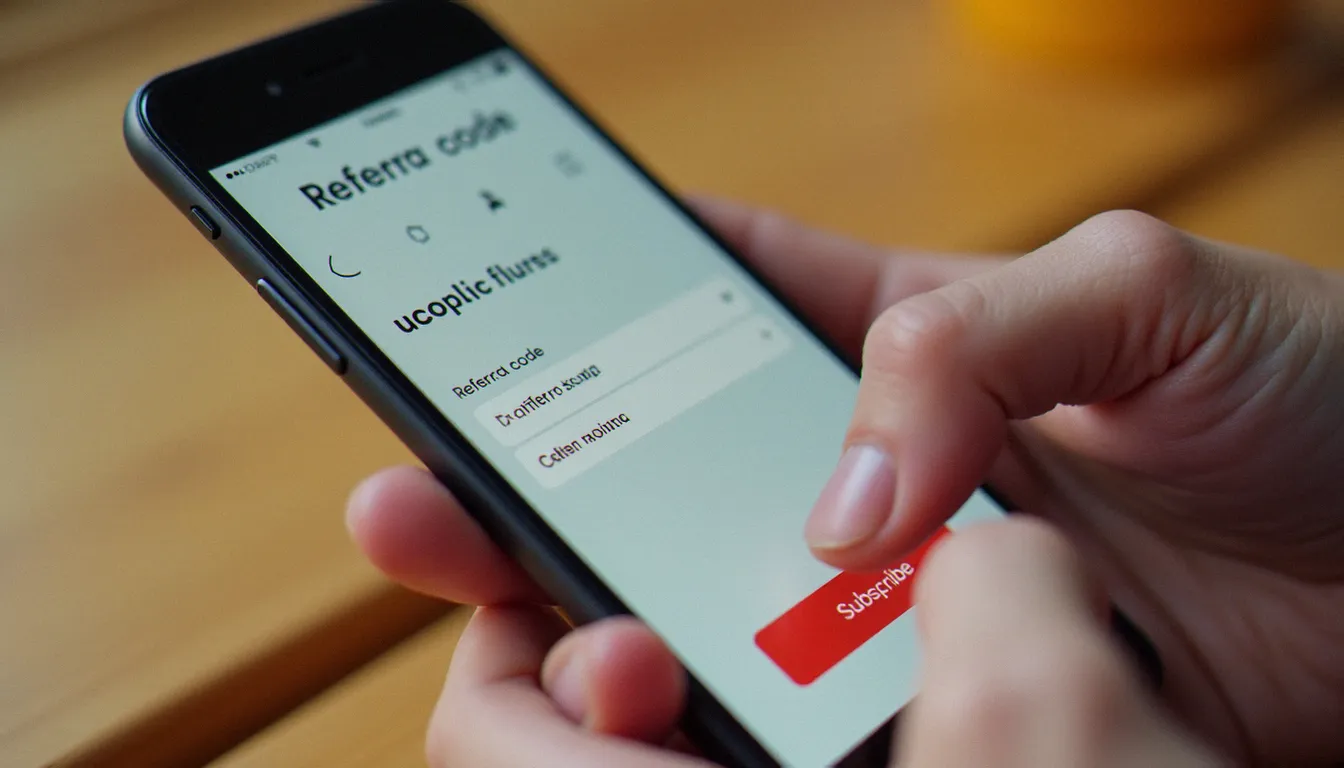 Mains d'une personne saisissant un code de parrainage dans un formulaire de souscription mobile sur smartphone