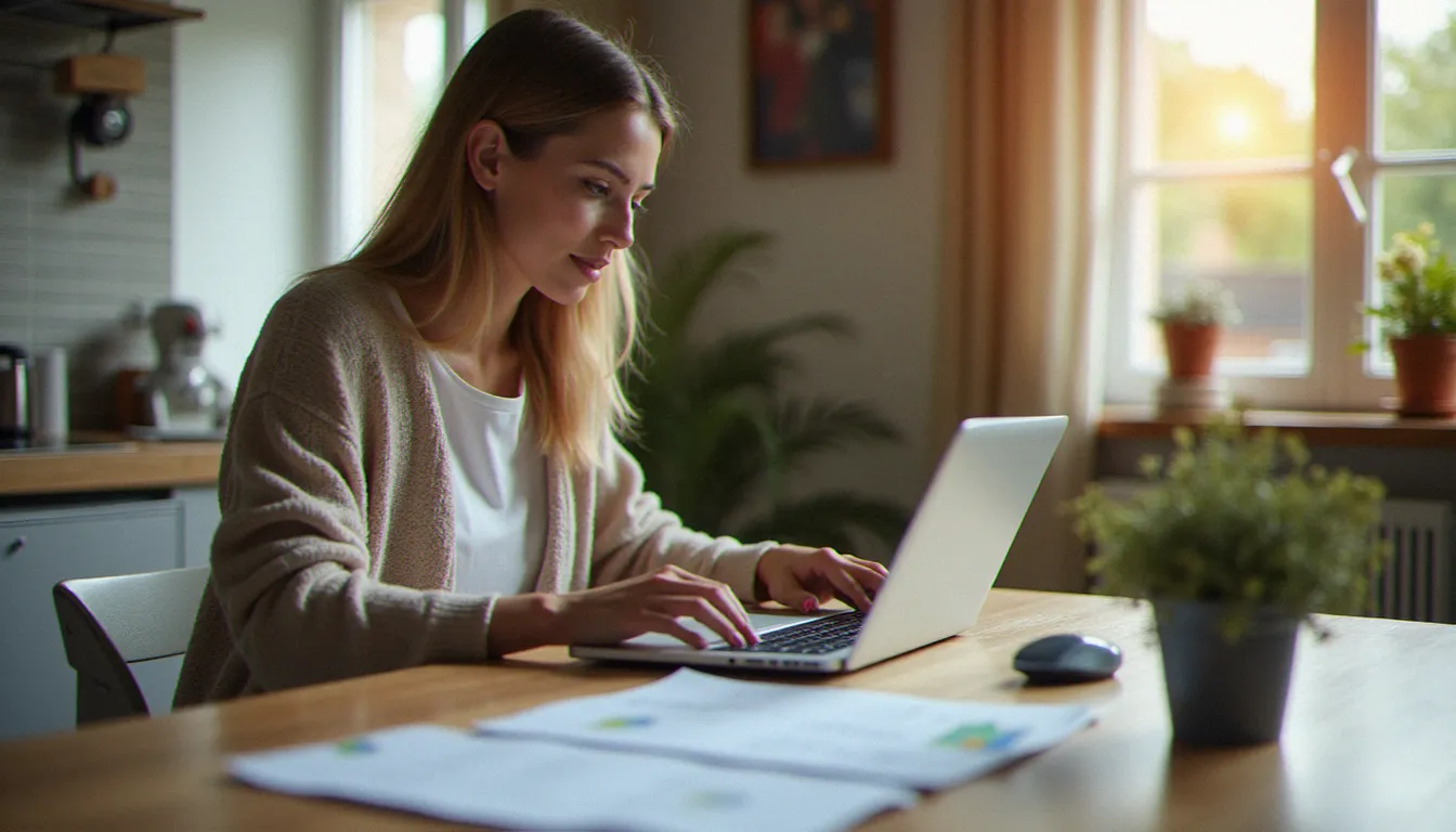 Une femme comparant les offres de parrainage des opérateurs télécom sur un ordinateur portable à domicile