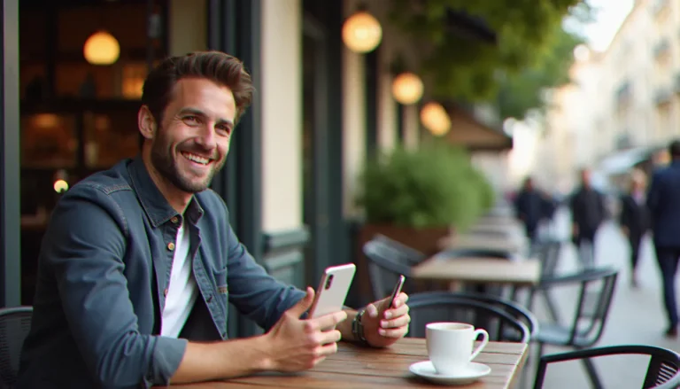 Un homme souriant dans un café parisien tenant un smartphone affichant un code de parrainage Bouygues