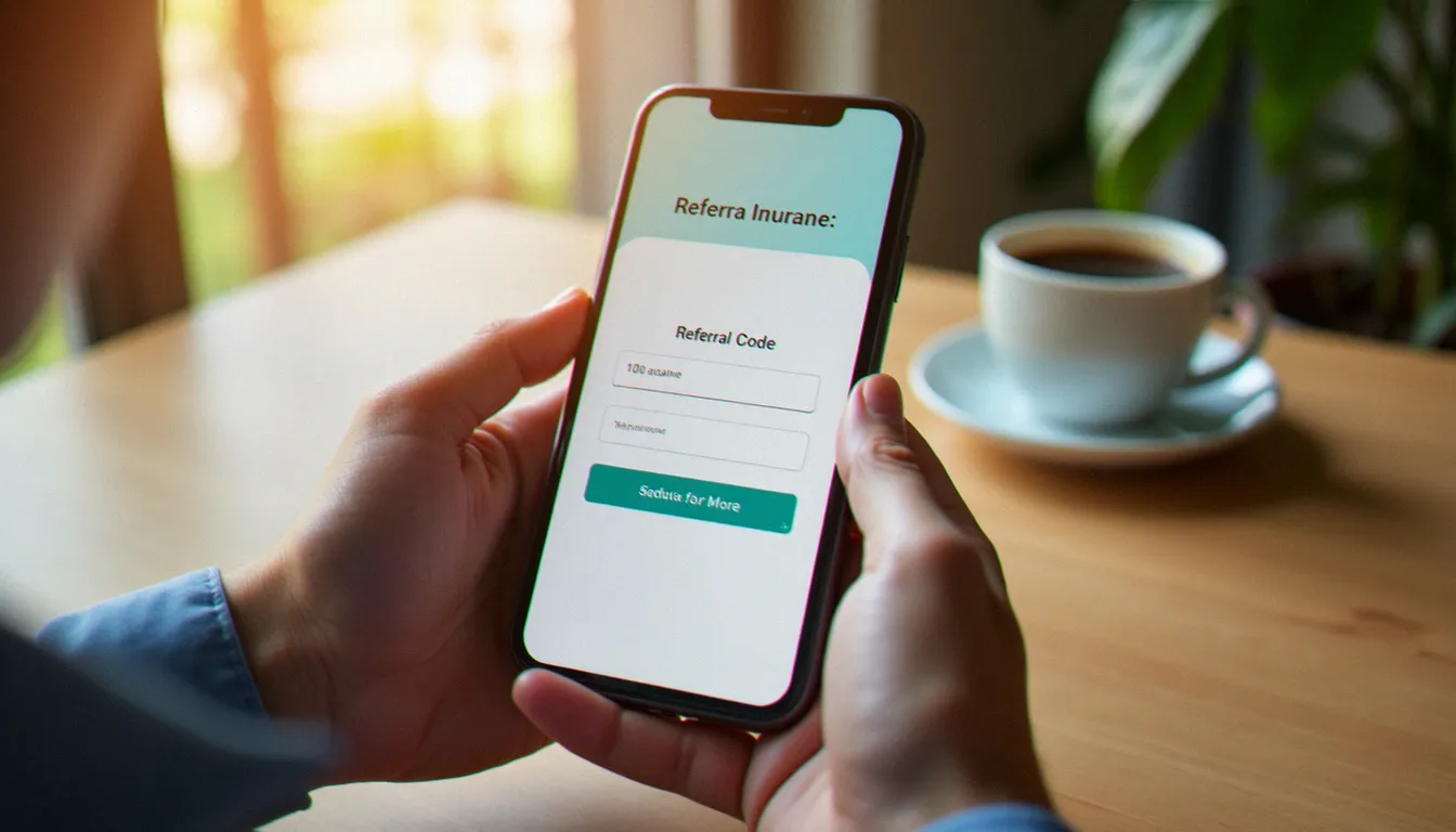 Mains tenant un smartphone affichant la confirmation d'un code de parrainage assurance sur une application mobile