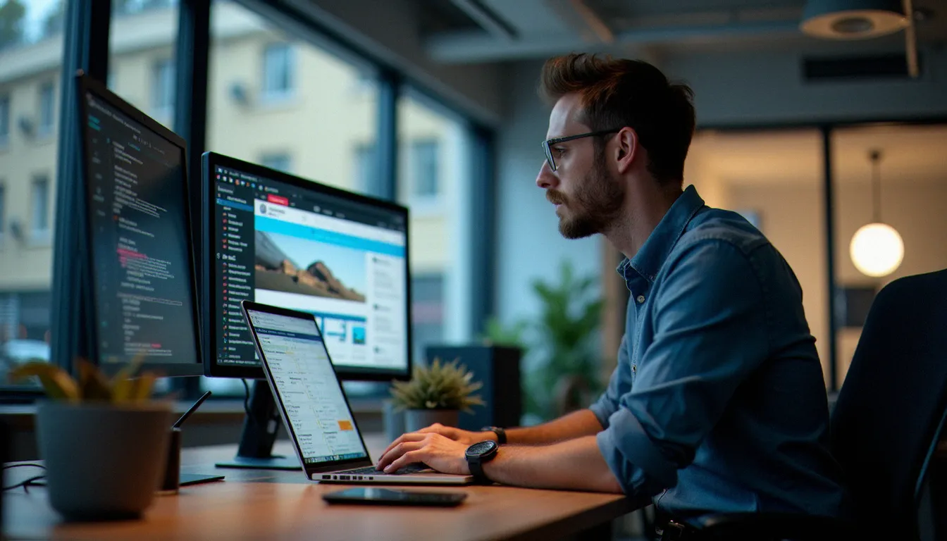 Consultant marketing analysant plusieurs programmes de parrainage assurance sur ordinateur portable dans un bureau moderne parisien
