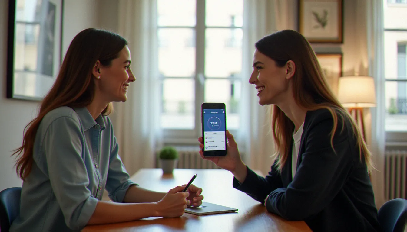 Deux personnes échangeant un lien de parrainage direct assurance sur smartphone dans un appartement lumineux