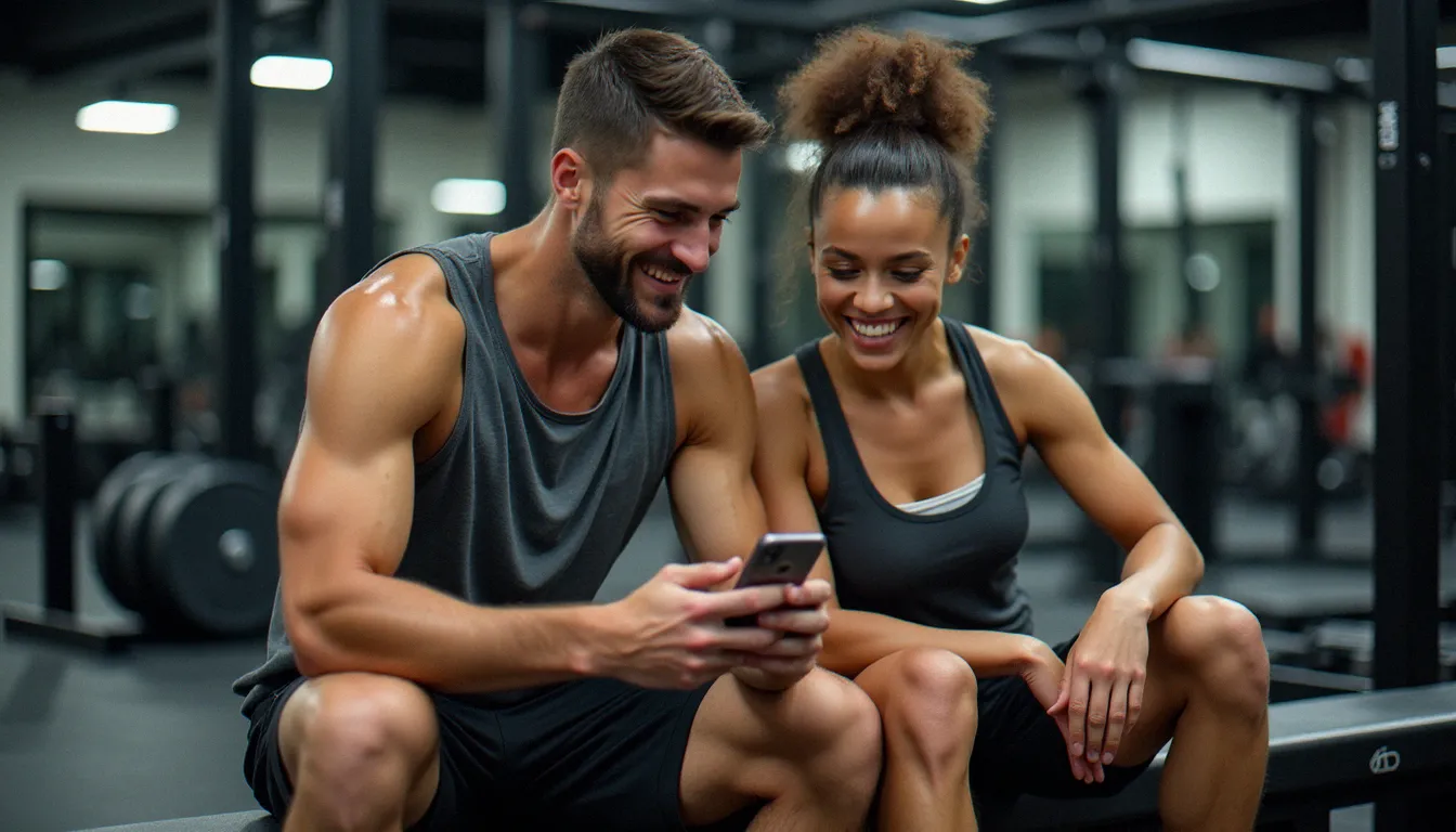 Deux amis dans une salle de sport consultant un code de parrainage sur smartphone avant une séance d'entraînement