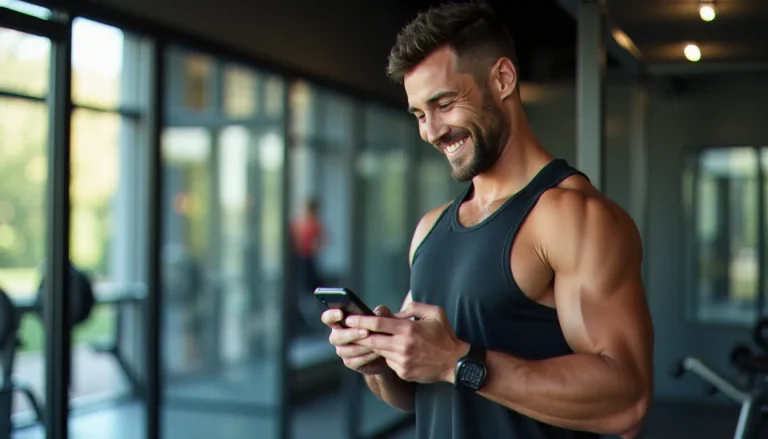 Homme consultant son téléphone à l'entrée d'une salle de sport moderne dans le cadre d'un parrainage Fitness Park