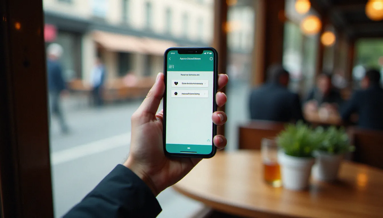 Une personne partageant un lien de parrainage Free depuis son smartphone dans un café parisien