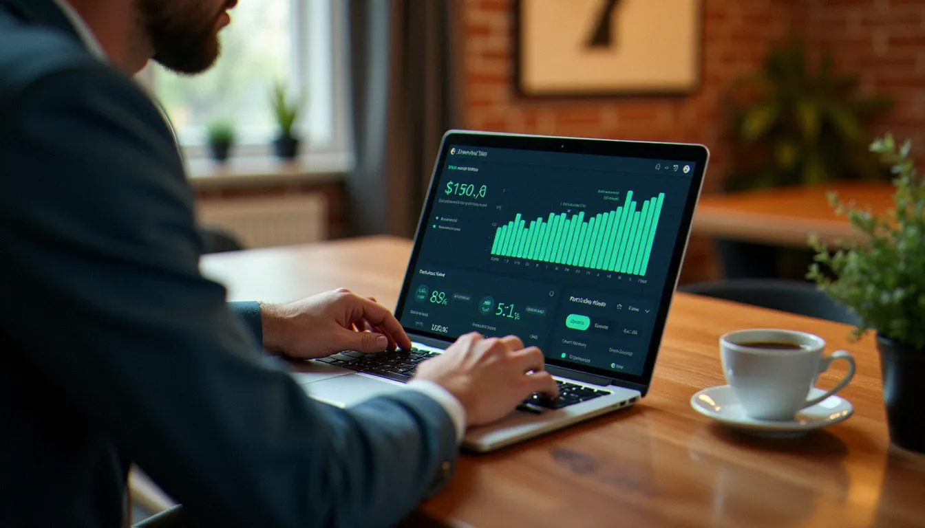 Personne travaillant sur un ordinateur portable avec un tableau de bord financier montrant des gains de parrainage, dans un environnement de bureau chaleureux