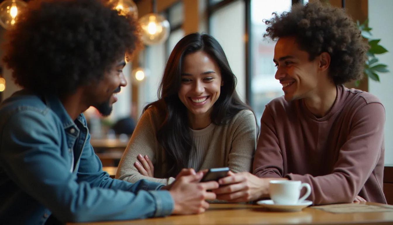 Groupe de jeunes professionnels dans un café, l'un montrant une offre de parrainage sur son téléphone à ses amis, illustrant le partage d'opportunités gagnant-gagnant