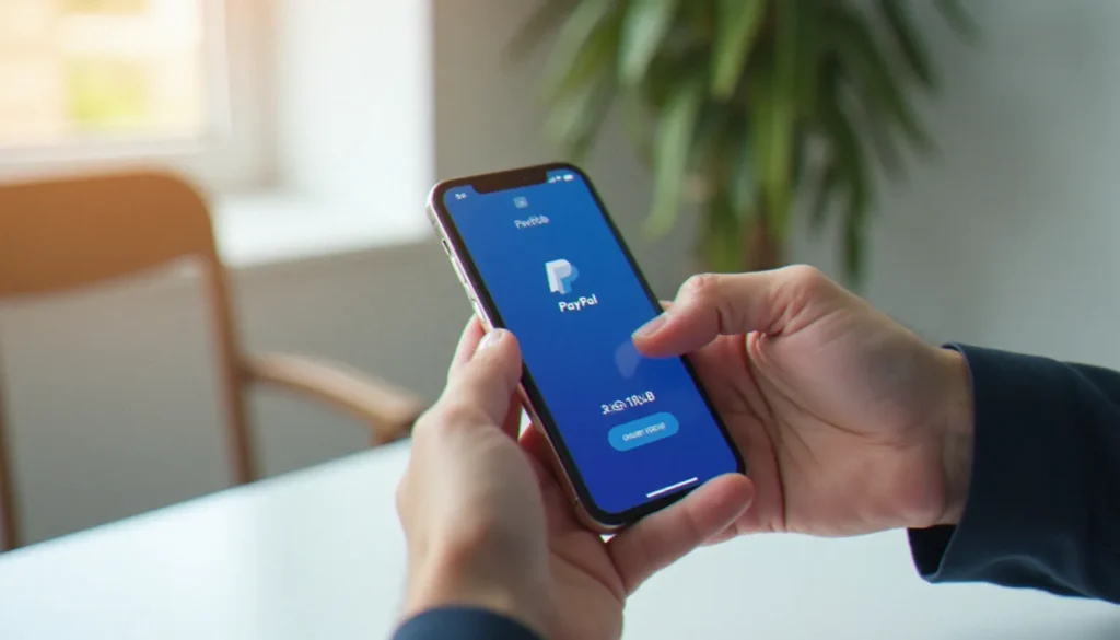 Deux mains échangeant un smartphone avec une interface de parrainage PayPal visible à l'écran, illustrant le concept de parrainage paypal