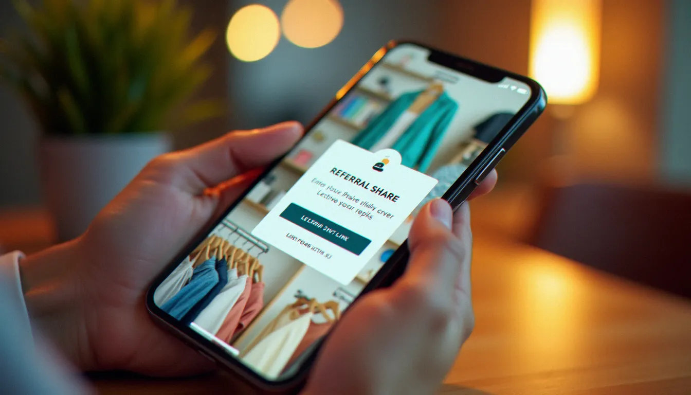 Main tenant un smartphone affichant une interface de partage de lien de parrainage pour une application de mode en ligne