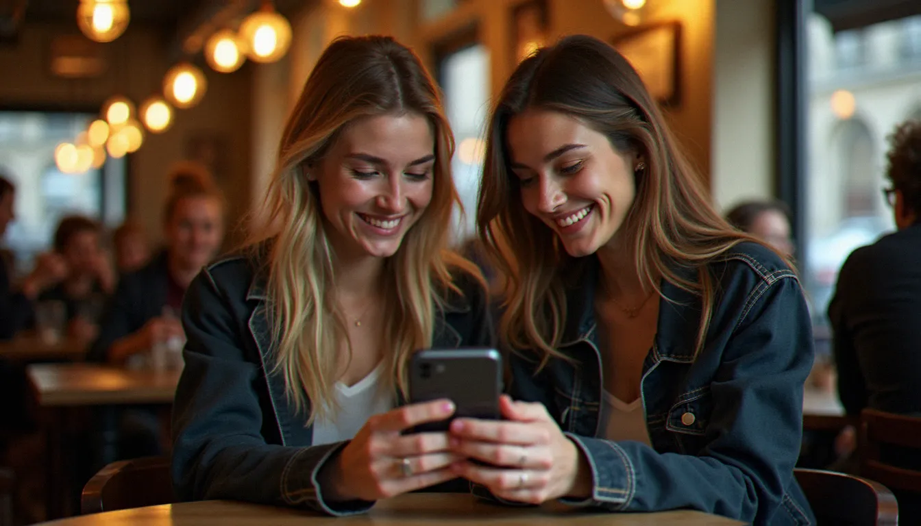 Deux amies dans un café parisien partageant un code de parrainage mode sur smartphone, illustrant le bouche-à-oreille entre proches