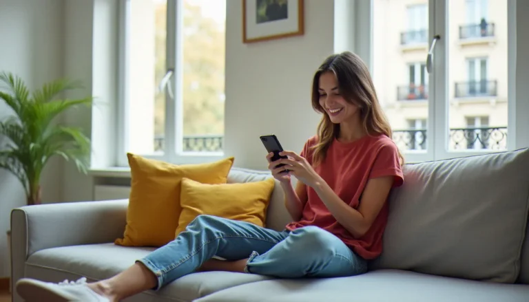 Jeune femme souriante consultant son application Shein sur smartphone pour accéder à son lien de parrainage Shein