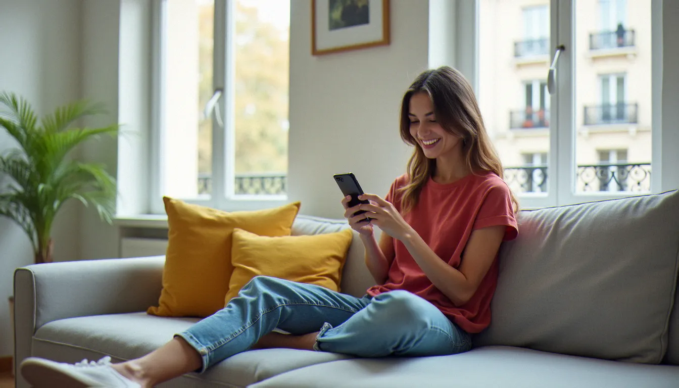 Jeune femme souriante consultant son application Shein sur smartphone pour accéder à son lien de parrainage Shein