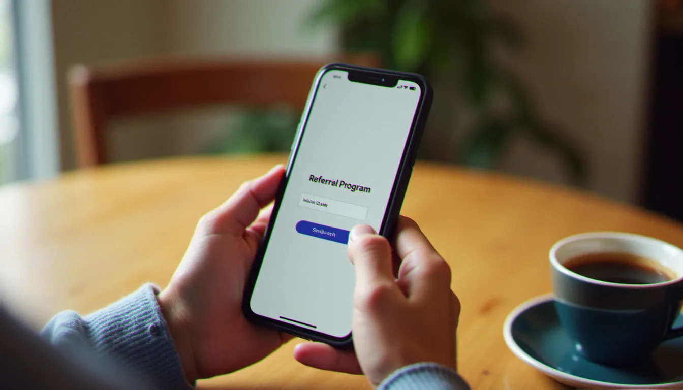 Mains tenant un smartphone avec un code de parrainage affiché à l'écran, illustrant le fonctionnement du parrainage Verisure depuis l'espace client