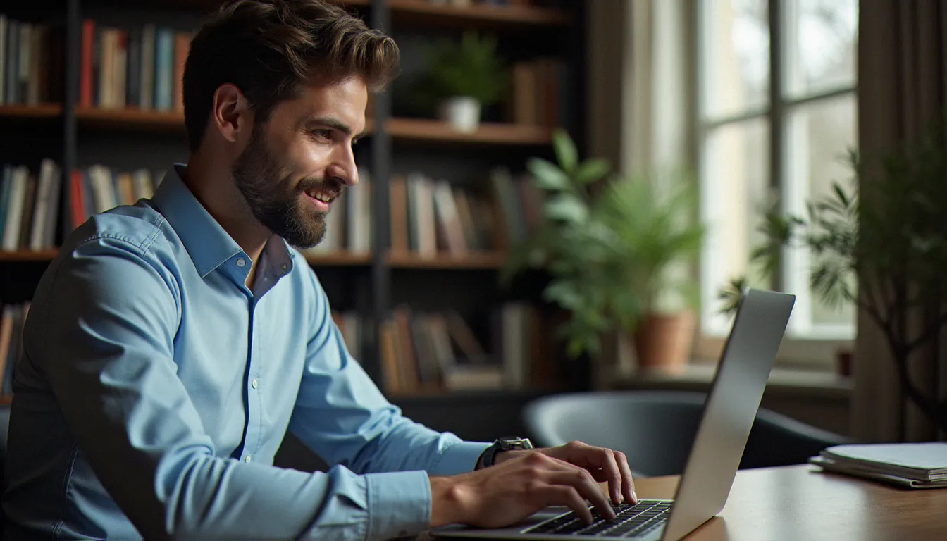 Un consultant digital travaillant sur son ordinateur portable depuis son bureau à domicile, illustrant les conseils pratiques pour optimiser un parrainage Verisure