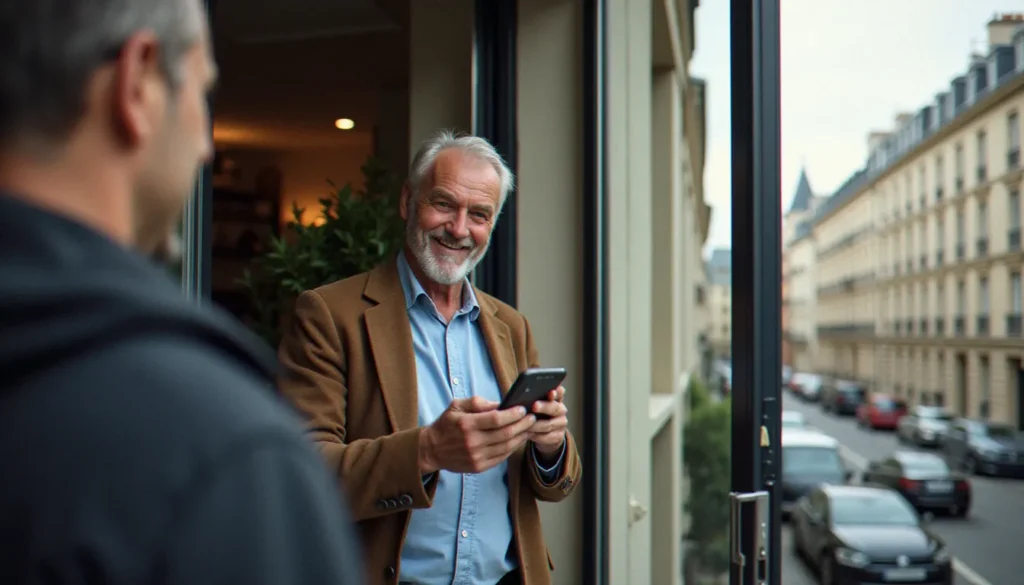 Un client Verisure partageant son lien de parrainage Verisure sur smartphone avec un ami à l'entrée de son appartement parisien