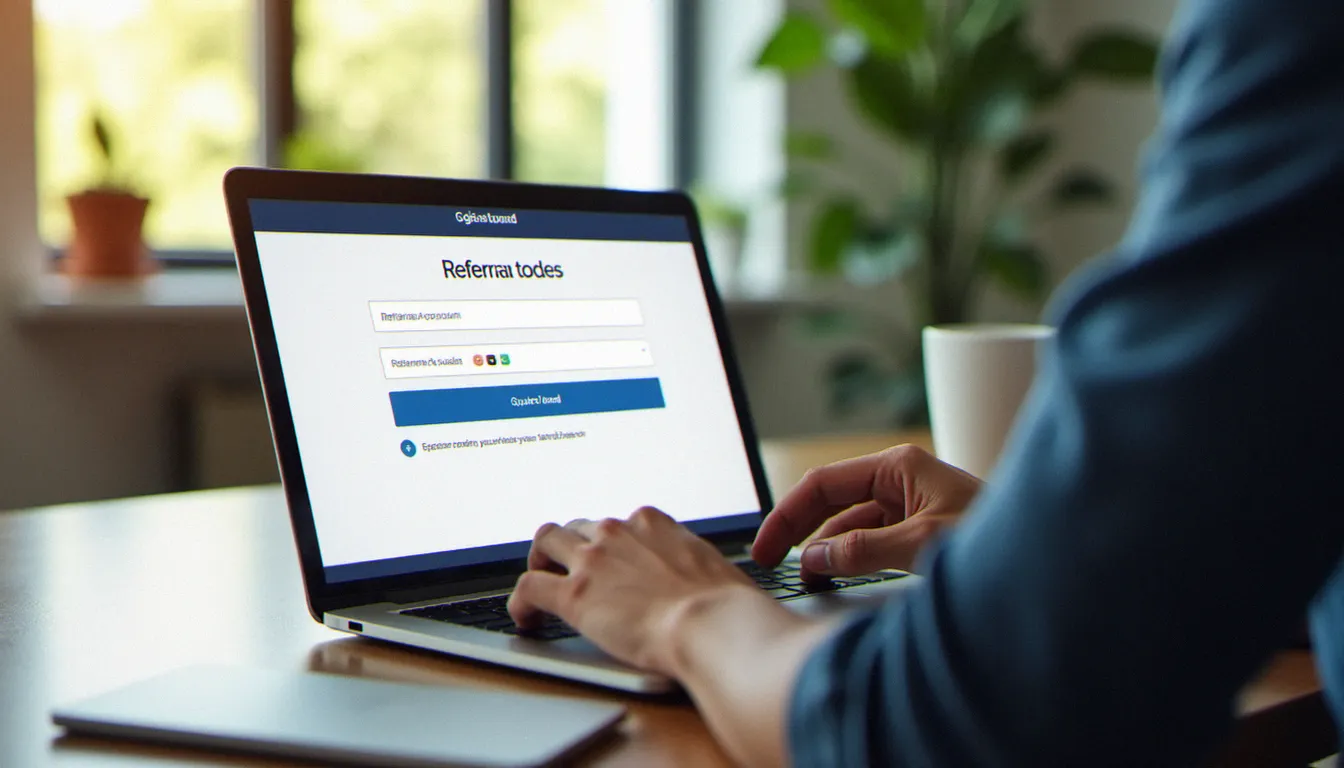 Personne en train de saisir un code parrainage dans un formulaire d'inscription en ligne sur un ordinateur portable