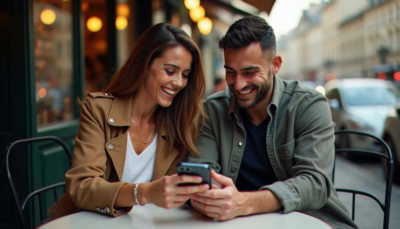 Deux amis à une terrasse parisienne, l'un partageant un code parrainage PMU sur son téléphone à l'autre