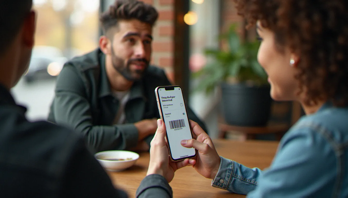 Deux amis partageant un lien de parrainage Trade Republic sur smartphone dans un café parisien