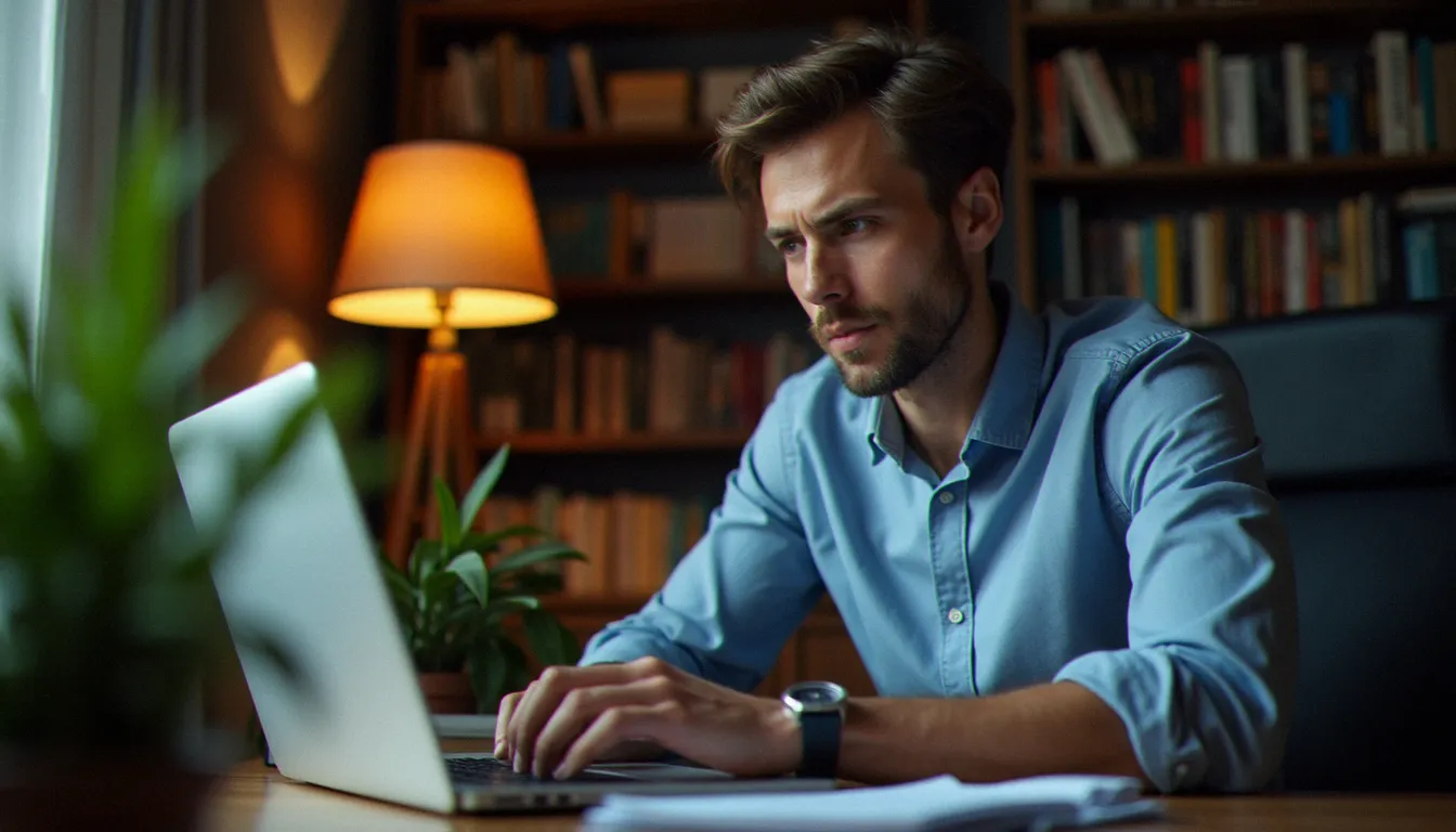 Personne consultant les conditions de validation d'un parrainage Trade Republic sur ordinateur portable dans un bureau à domicile
