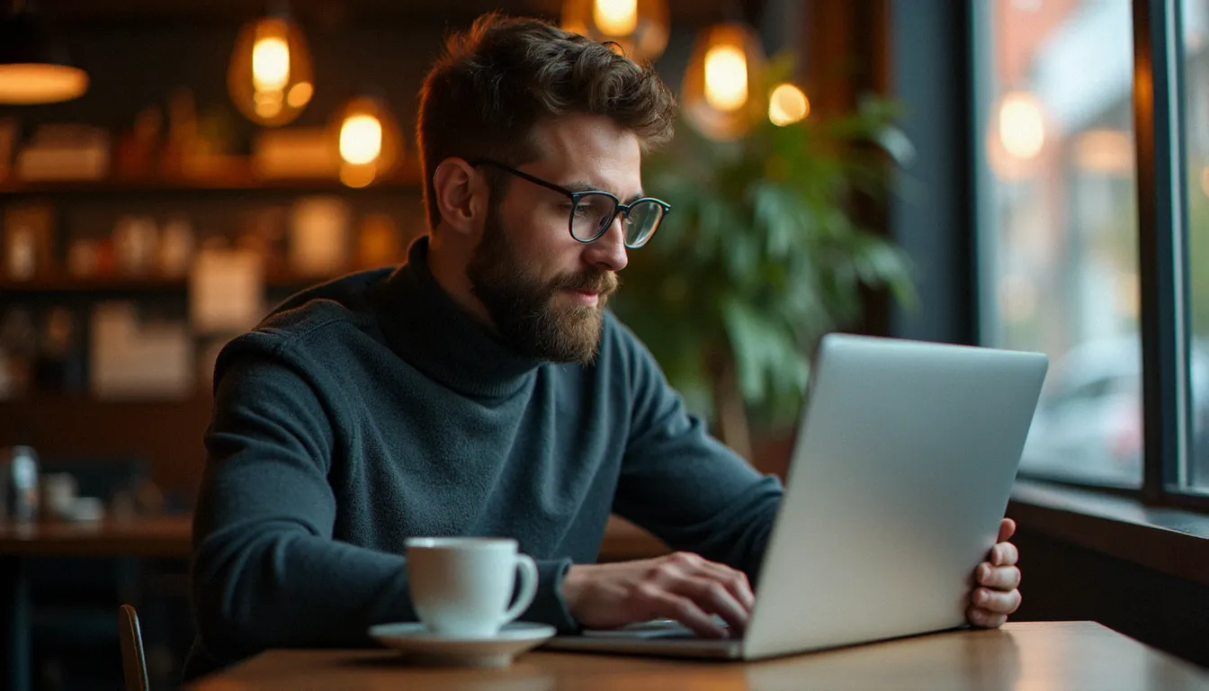Un homme cherche un code promo Veepee valide sur son ordinateur dans un café parisien