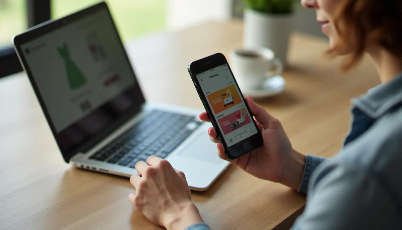 Une femme utilise un code promo Veepee sur son smartphone pour économiser sur une vente privée en ligne