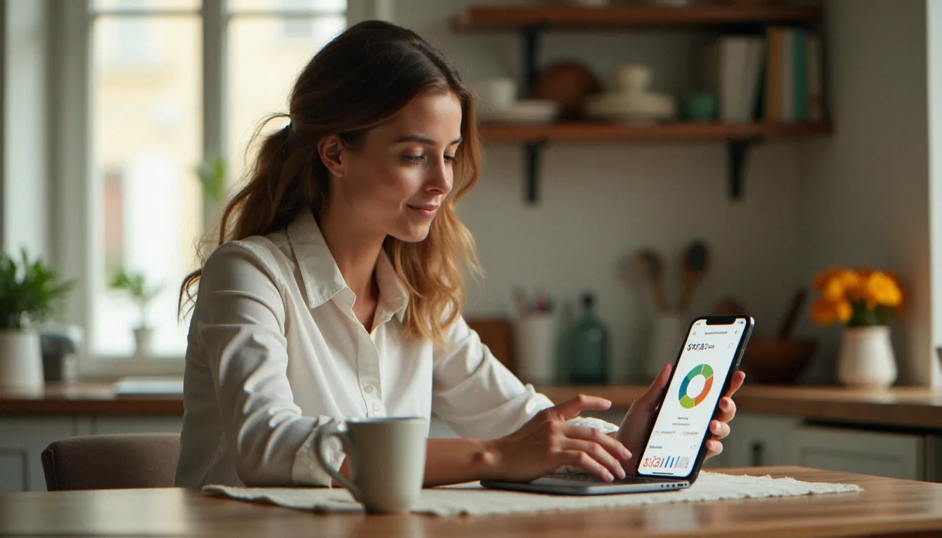 Jeune femme consultant son application de cashback Joko sur son téléphone depuis sa cuisine, avec un récapitulatif de ses gains visibles à l'écran