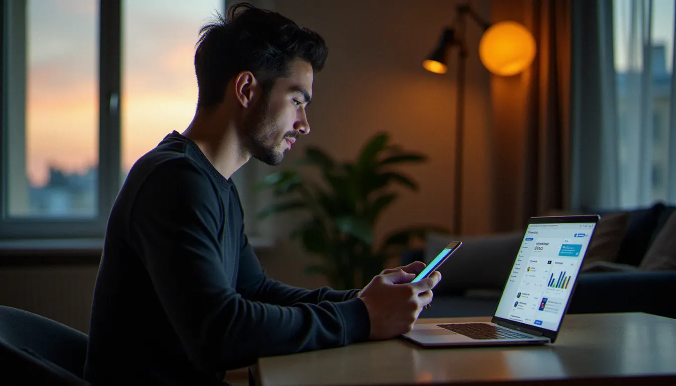 Homme d'une trentaine d'années partageant son code de parrainage Joko depuis son appartement parisien, entouré d'un environnement de travail digital