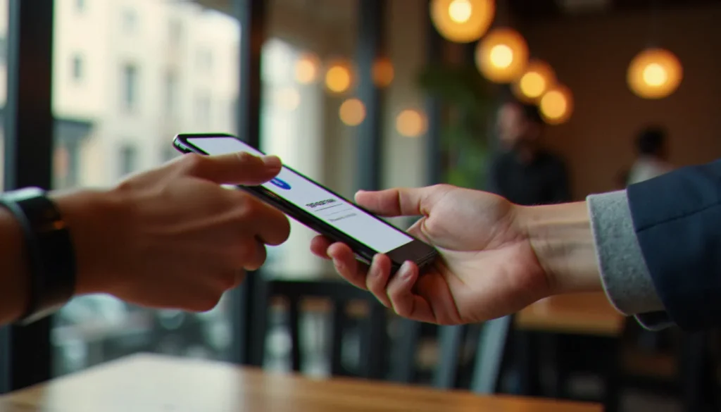 Deux personnes s'échangeant un smartphone affichant un code de parrainage Joko dans un café parisien