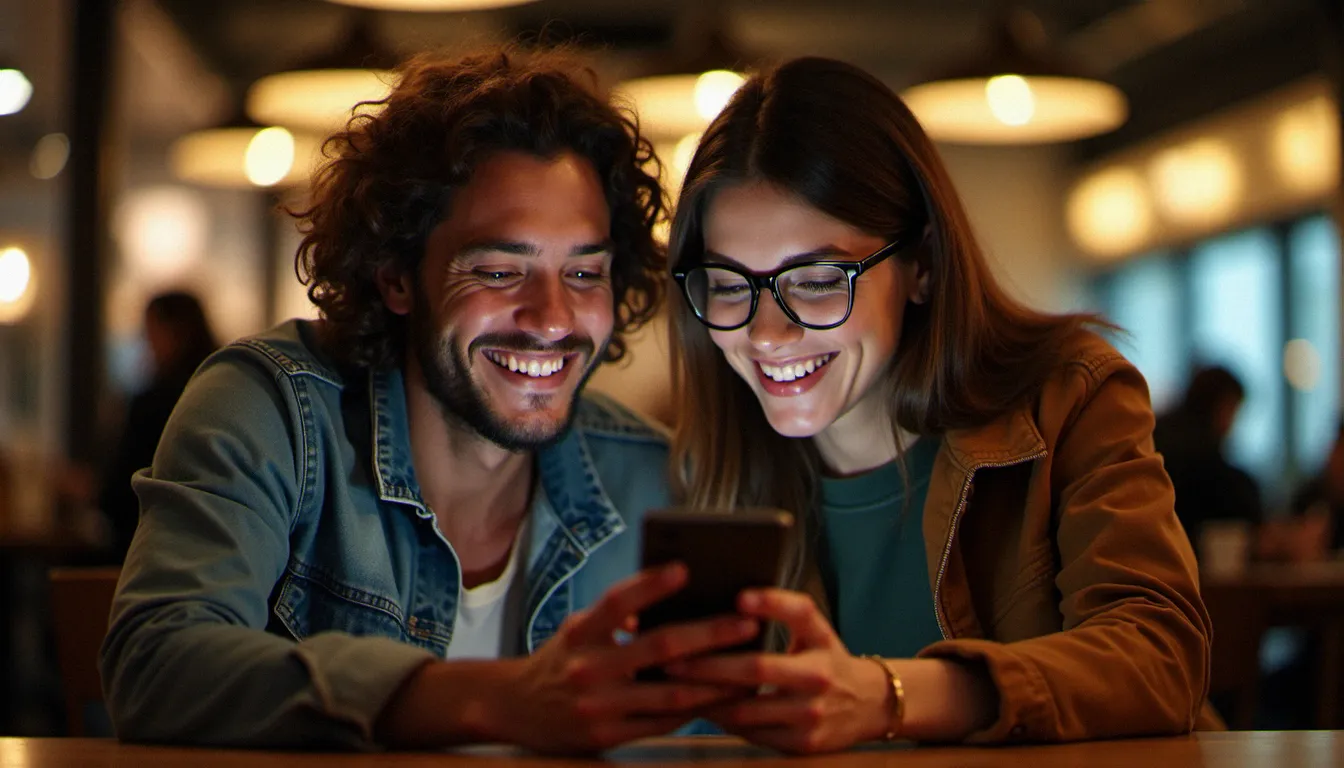 Deux amis partageant un code de parrainage Trade Republic sur smartphone dans un café, illustrant le principe gagnant-gagnant du parrainage