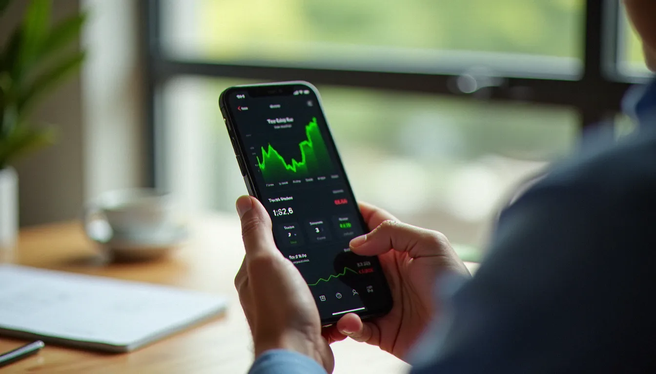 Personne utilisant une application de courtage sur smartphone pour investir en bourse grâce à un code de parrainage Trade Republic