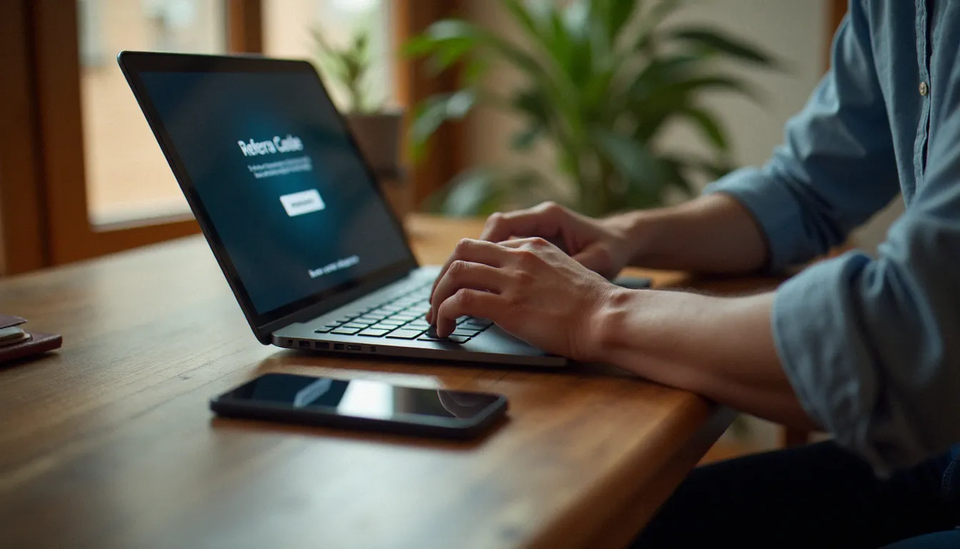 Une personne utilisant un ordinateur portable pour partager un code parrainage en ligne depuis son bureau à domicile