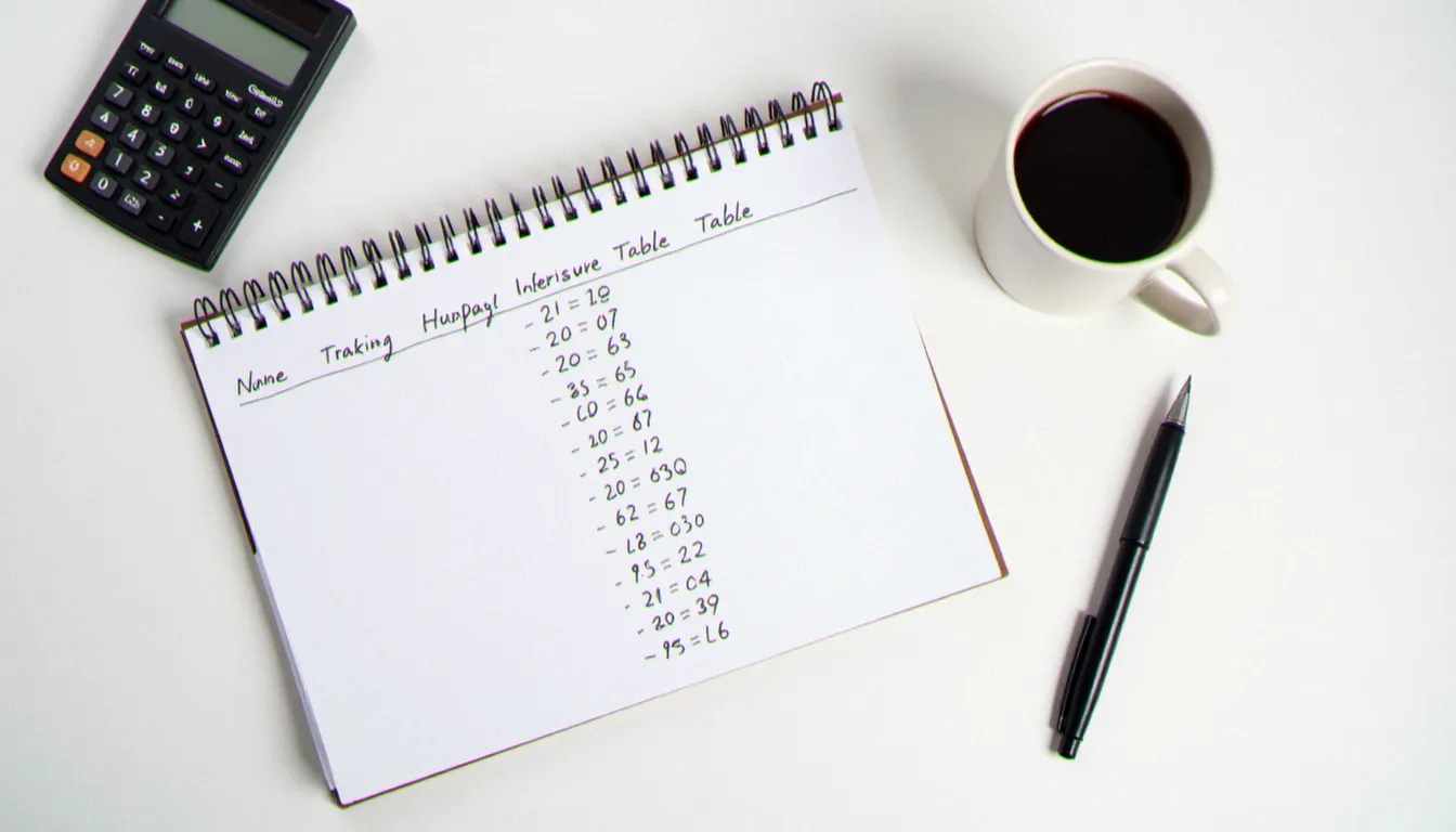 Vue aérienne d'un carnet de suivi de parrainages avec calculatrice et stylo, illustrant la gestion organisée des codes parrainage à 10 pour cent