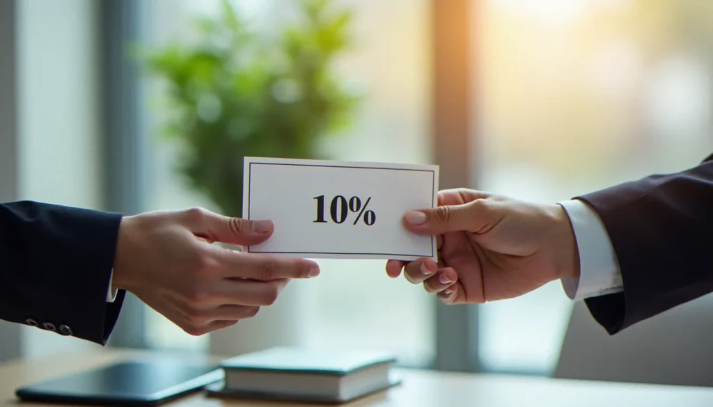 Deux personnes échangeant un bon de réduction à 10 % représentant un code parrainage 10 pour cent dans un cadre professionnel
