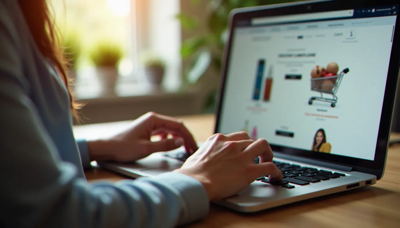 Femme entrant un code de réduction sur un site de vente de produits coiffure en ligne
