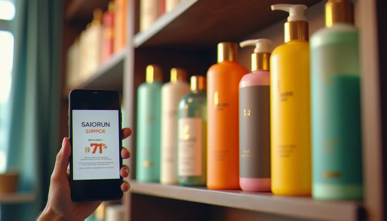 Produits capillaires professionnels sur une étagère de salon avec un téléphone affichant un code promo boutique du coiffeur