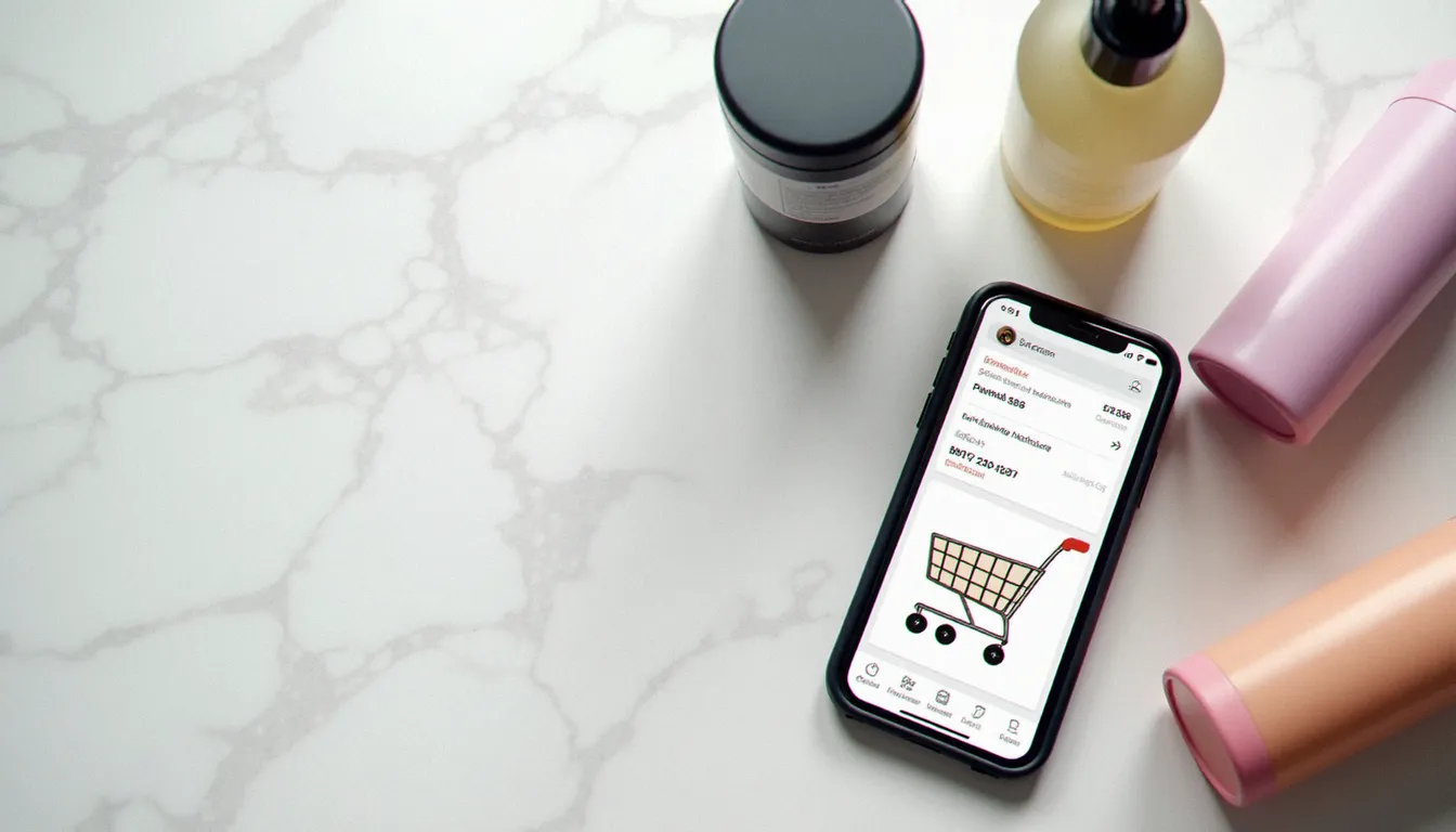 Vue de dessus de produits capillaires pour cheveux bouclés et d'un smartphone affichant un code promo dans un panier e-commerce