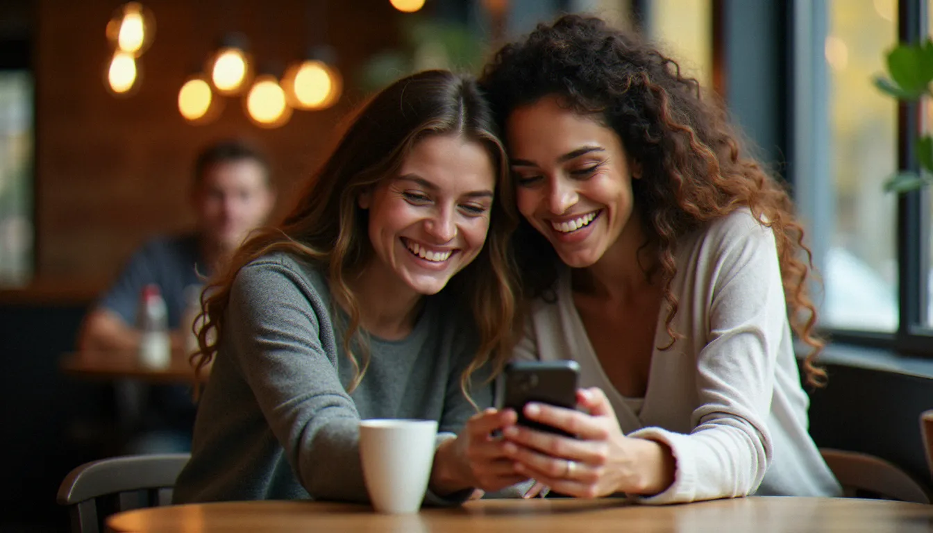 Deux amies partageant un lien de parrainage sur leurs smartphones dans un café, illustrant le système de parrainage entre proches