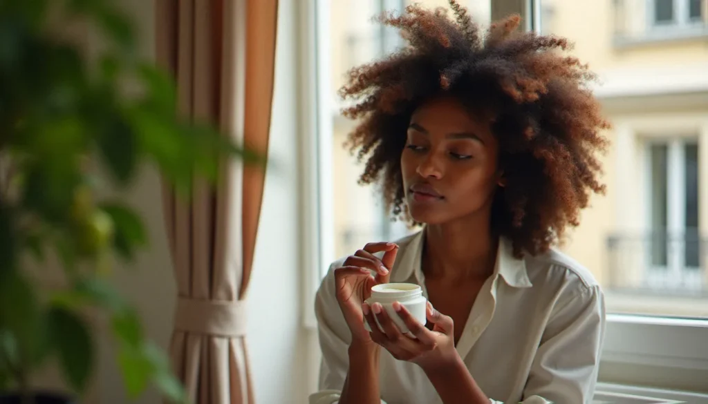 Jeune femme aux cheveux bouclés naturels appliquant une crème capillaire Les Secrets de Loly dans un appartement parisien lumineux