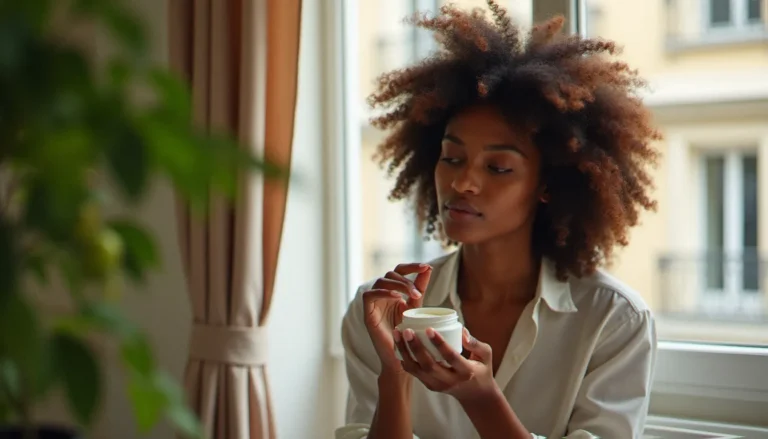 Jeune femme aux cheveux bouclés naturels appliquant une crème capillaire Les Secrets de Loly dans un appartement parisien lumineux