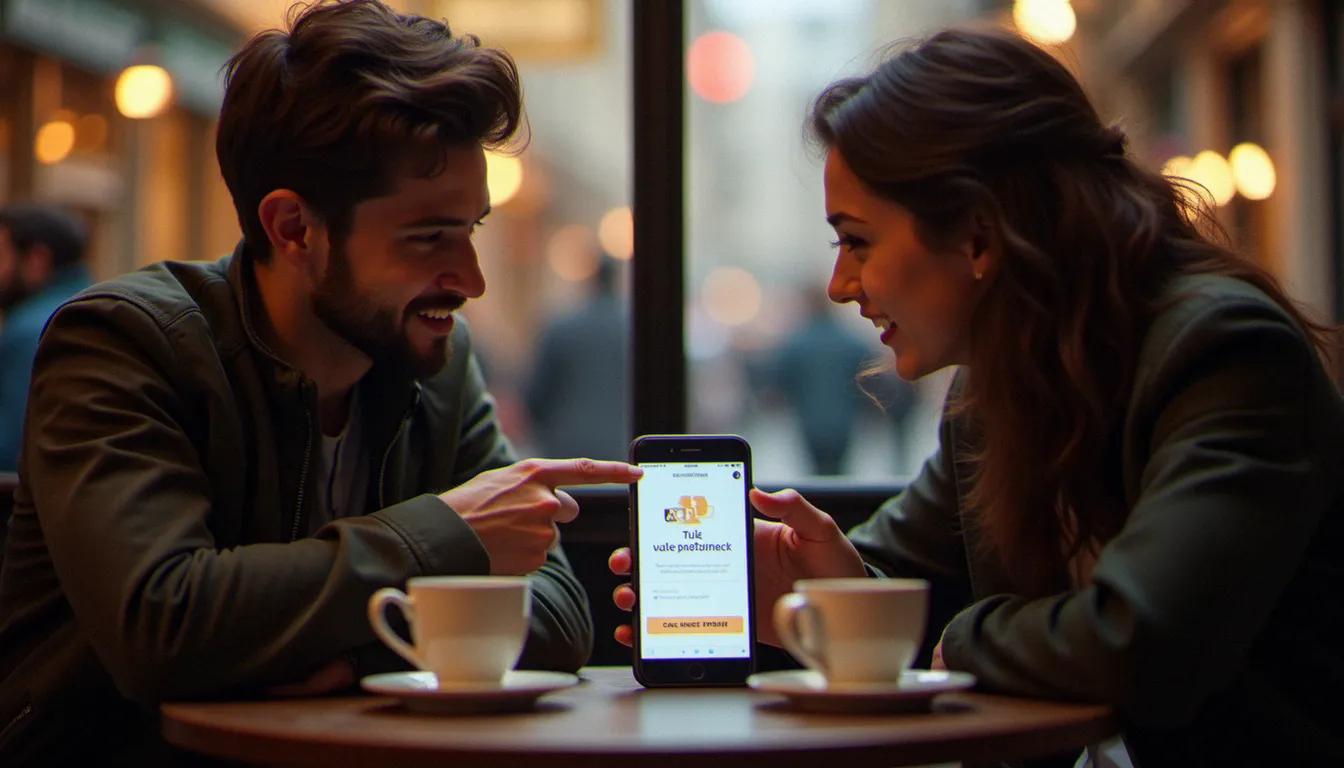 Deux amis partagent un lien de parrainage Shopmium sur un téléphone dans un café parisien
