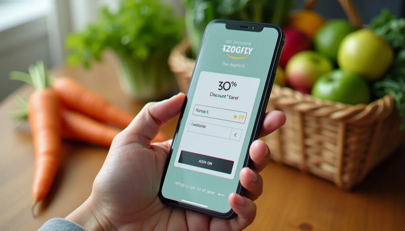 Un téléphone affichant un code promo Shopmium entré dans l'application, posé sur une table en bois entouré d'une box de produits bio frais