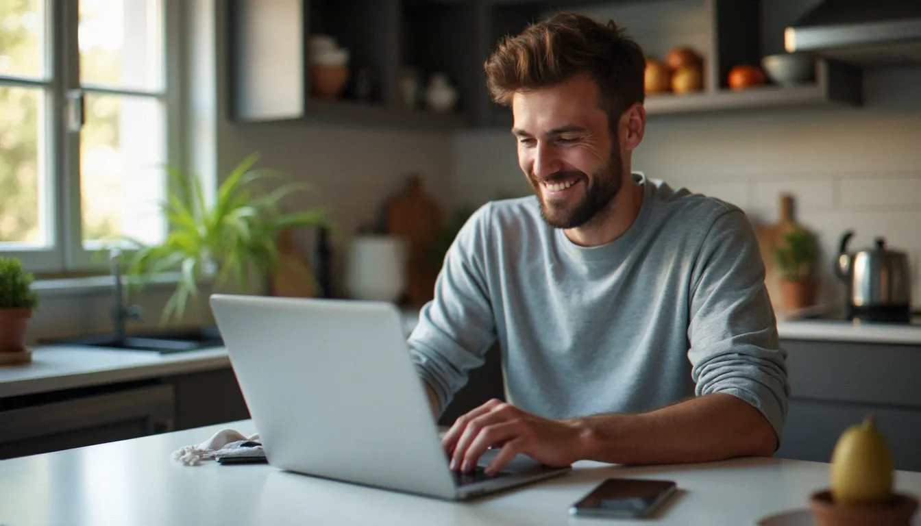 Homme utilisant son ordinateur portable pour partager un lien de parrainage d'assurance en ligne depuis son domicile