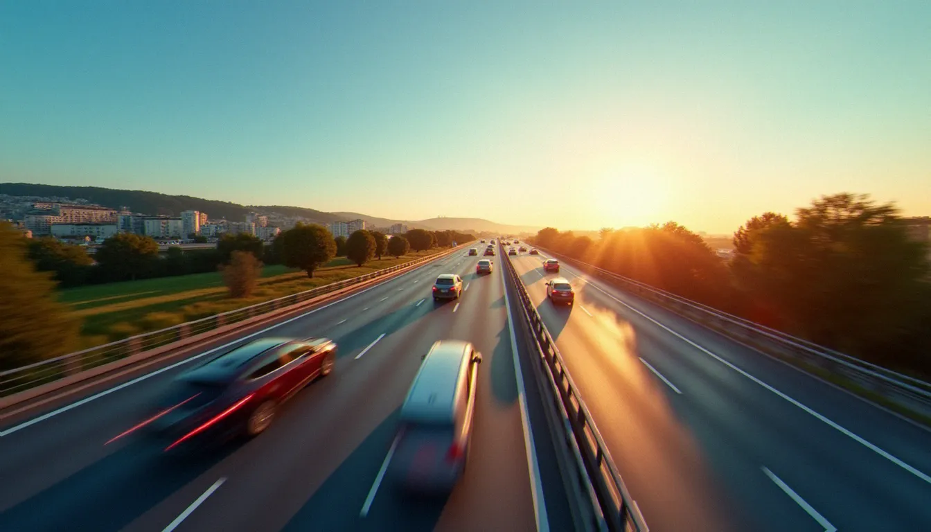 Autoroute française avec plusieurs véhicules en circulation, contexte de l'assurance auto obligatoire en France