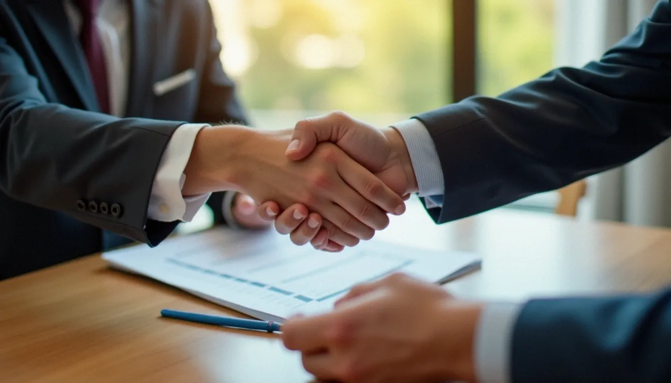 Deux personnes se serrant la main autour d'un contrat d'assurance auto, illustrant le parrainage Direct Assurance