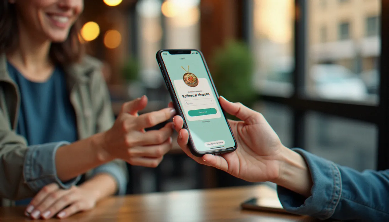 Deux amis partageant un code de parrainage de livraison de repas sur smartphone dans un café parisien