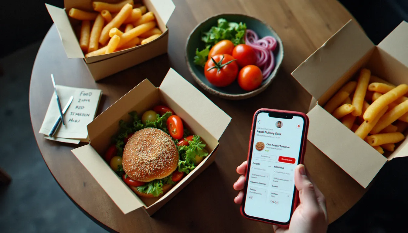 Repas livré à domicile posé sur une table avec un smartphone affichant une application de livraison et des notes de suivi de parrainage