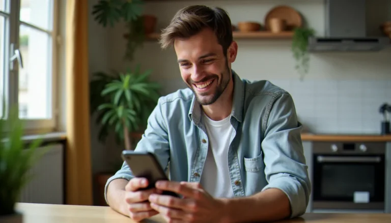 Un homme consultant le programme de parrainage Deliveroo sur son smartphone dans un appartement parisien ensoleillé