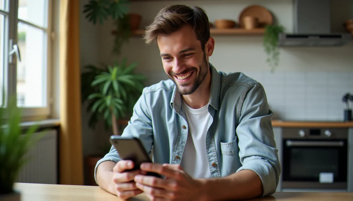 Un homme consultant le programme de parrainage Deliveroo sur son smartphone dans un appartement parisien ensoleillé
