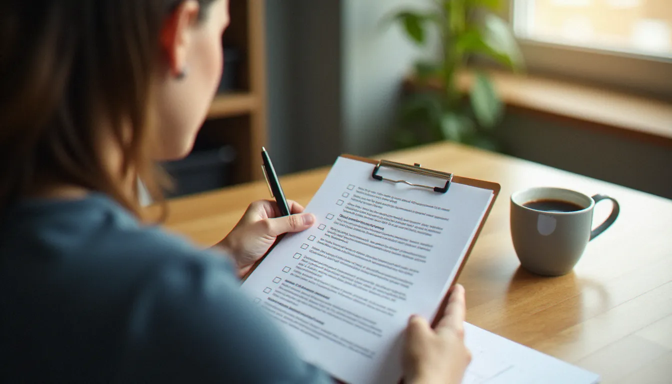 Personne vérifiant les conditions d'éligibilité d'une offre de parrainage sur une liste imprimée, pour éviter les erreurs avant de s'inscrire