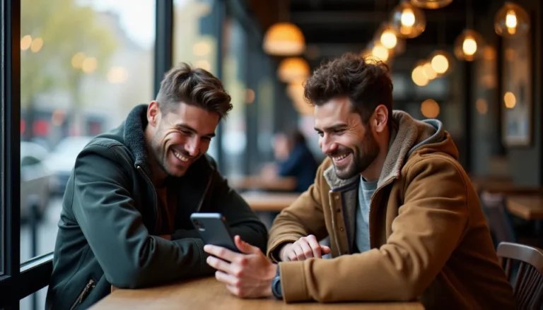 Deux amis dans un café parisien consultant une offre de parrainage Winamax sur smartphone, illustration du programme de parrainage entre joueurs